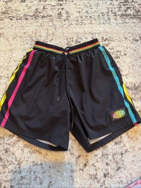 Men's Black Slunks Sand lined Volleyball Shorts with Rainbow Trim - XS